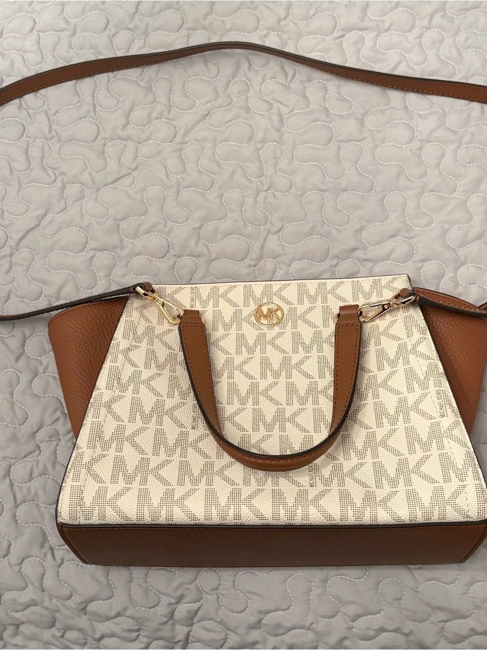 Michael Kors Vanilla and Brown Logo Satchel with Gold Hardware